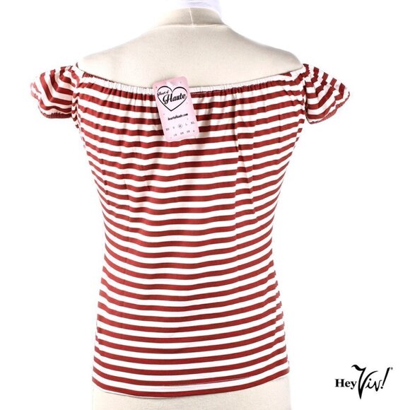 Off the Shoulder Top Blouse Red & White Stripe Heart of Haute Sz Large - Hey Viv - Picture 3 of 5